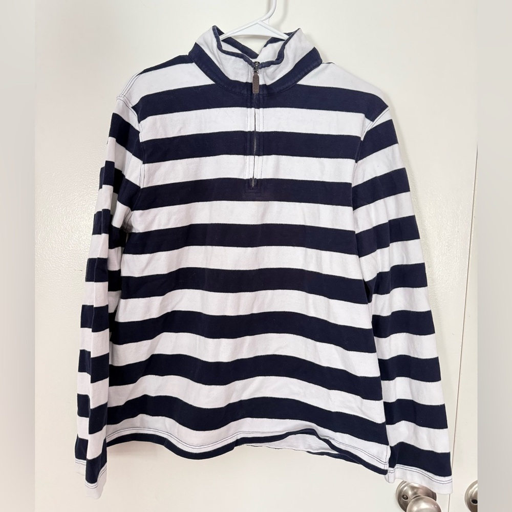 Navy and White Striped Zip-Up Sweater